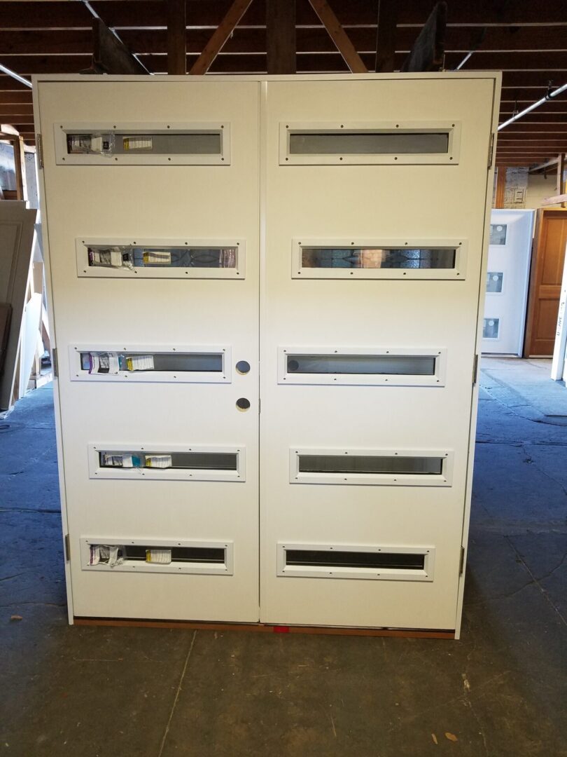 double doors with glass inserts in a warehouse