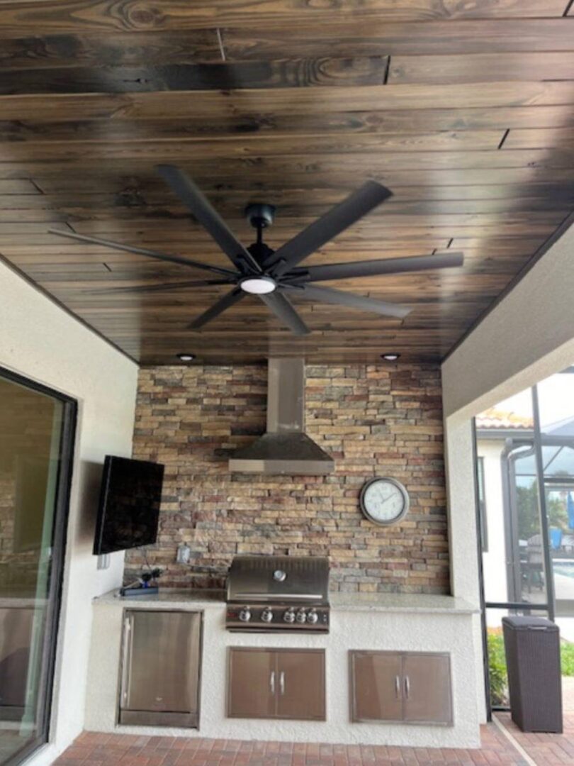 dark wood patio ceiling on covered porch