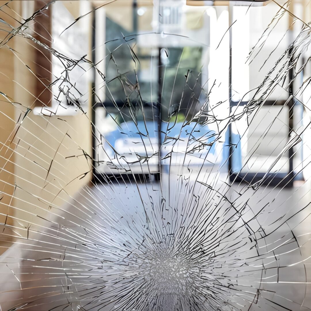 cracked glass door with sunlight outside